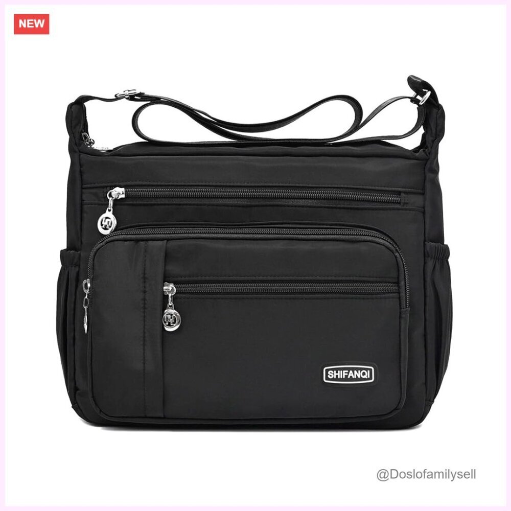 Nylon Crossbody Bag with 12 Pockets, Adjustable Strap, Travel & Everyday Use